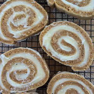 Close up of sourdough pumpkin rolls with cream cheese filling